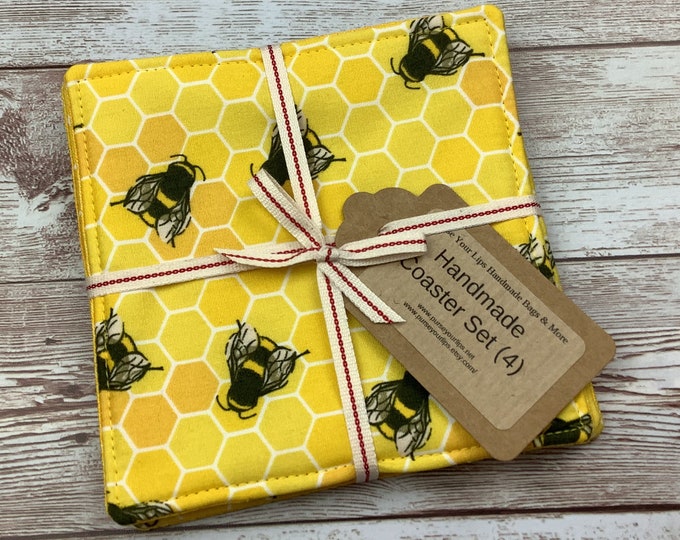 Bees fabric coasters, Set of 4, Handmade