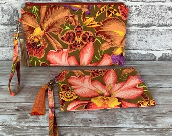 Orchids zip clutch bag, Floral wristlet zip purse, Detachable wrist strap, Silky tassel and charm, 2 size options, Handmade