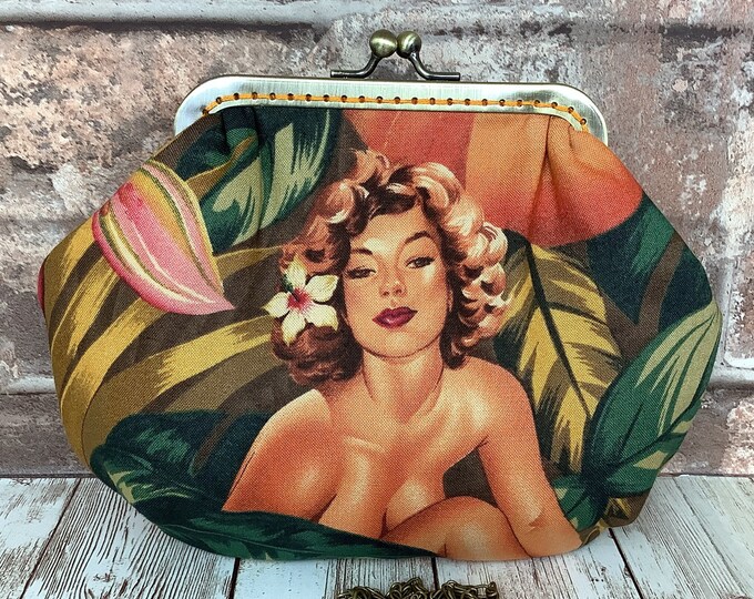 Burlesque small frame clutch bag, Mirage Pin Up handbag, 50s glamour makeup purse, Optional chain, Alexander Henry, Handmade