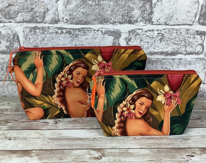 Burlesque zip case, Retro zipper pouchMirage Pinup flat bottomed fabric pouch, 2 size options, Alexander Henry, Handmade