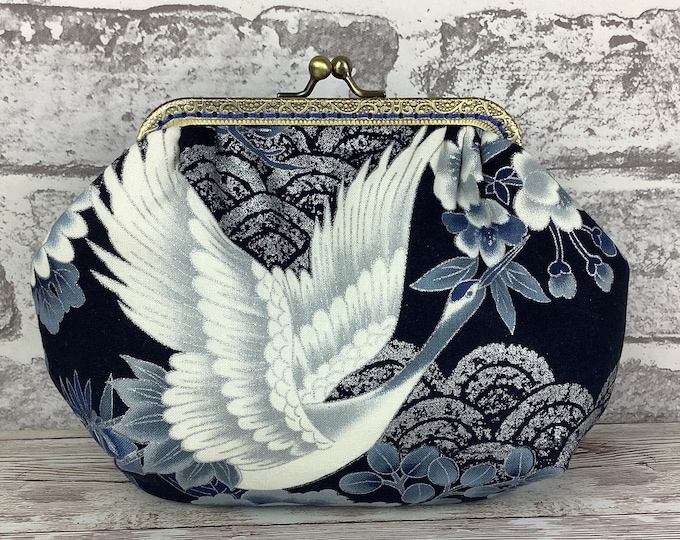 Cranes small frame clutch bag, Oriental handbag, Birds makeup purse, Optional chain, Handmade