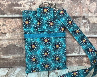 Floral lanyard phone pouch, Poppies passport travel case, Geometric turquoise glasses case, Detachable lanyard, Handmade