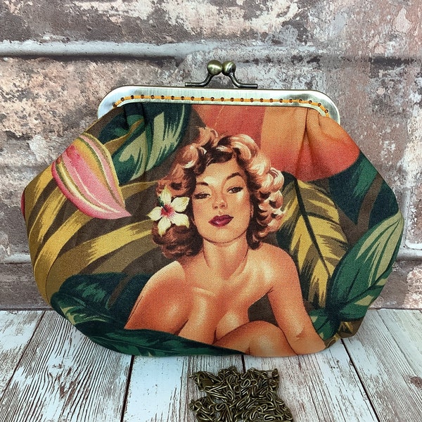 Burlesque small frame clutch bag, Mirage Pin Up handbag, 50s glamour makeup purse, Optional chain, Alexander Henry, Handmade