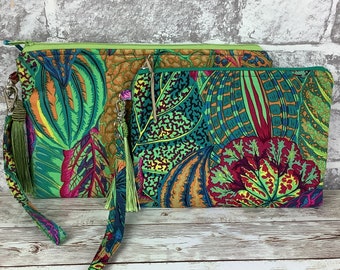 Coleus Leaves zip clutch bag, Floral wristlet zip purse, With detachable wrist strap, Silky tassel and charm, 2 size options, Handmade