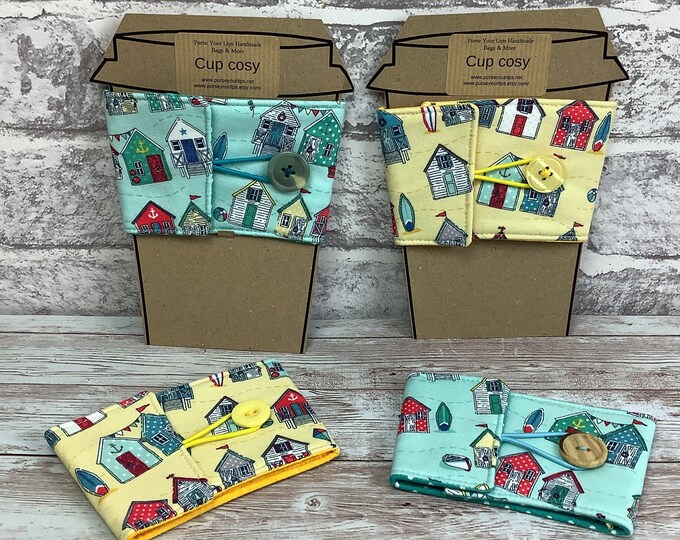 Beach huts fabric cup cozy, Seaside cup cosy, Reusable drinks sleeve, Choice of colours, Handmade