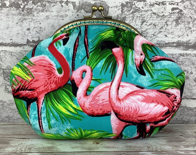 Flamingos small frame clutch bag, Tropical handbag, Jungle makeup purse, Optional chain, Handmade