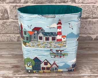 Seafront fabric basket, Seaside storage bin, Home storage, Handmade