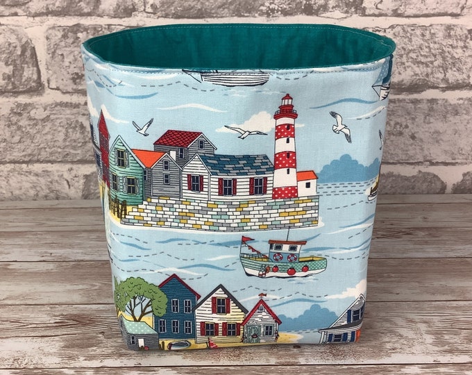 Seafront fabric basket, Seaside storage bin, Home storage, Handmade