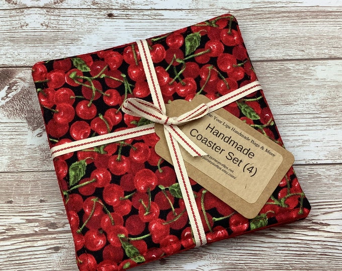 Cherries fabric coasters, Set of 4, Cherry, Handmade