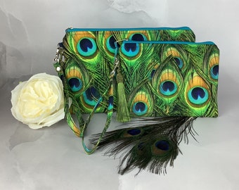 Peacock feathers zip clutch bag, Wristlet zip purse, With detachable wrist strap, Silky tassel and charm, 2 size options, Handmade