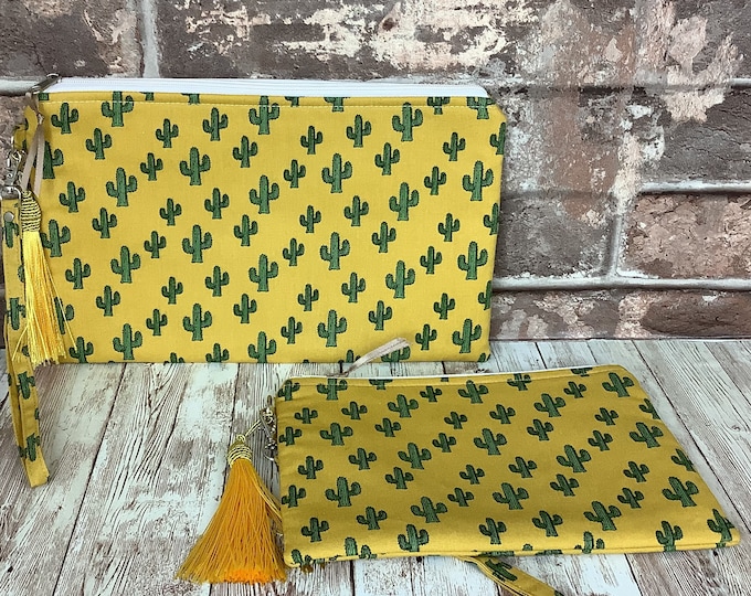 Cactus zip clutch bag, Detachable wrist strap, Silky tassel and charm, 2 size options, Handmade