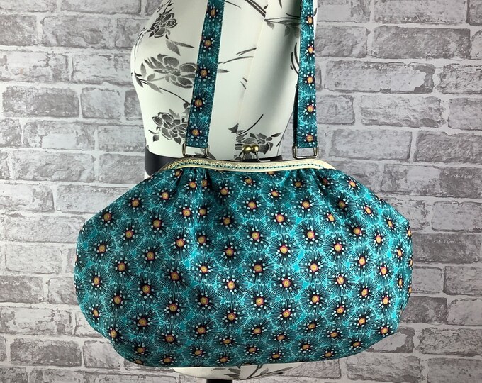 Turquoise poppies frame handbag, Floral shoulder bag, Frame bag, Handmade