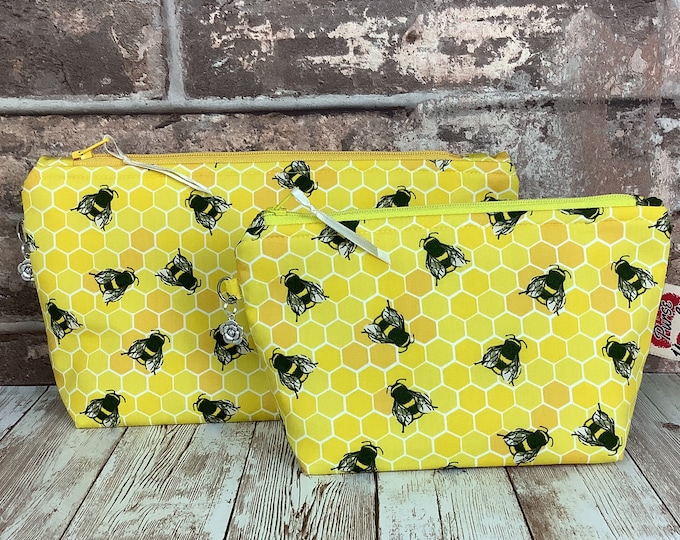 Bees zip case, Flat bottomed, 2 size options, Handmade