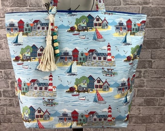 Beachfront large beach bag , Seaside tote bag, Beach hut fabric shopper, Handmade