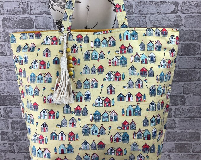 Beach huts large beach bag , Seaside tote bag, Fabric shopper, Handmade