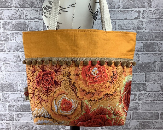 Floral large pom pom tote bag, Cabbages shopper, Handmade