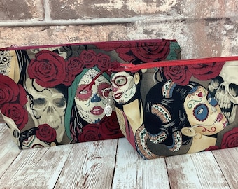 Day of the dead zip bag, Gothic makeup bag, 2 options, Handmade