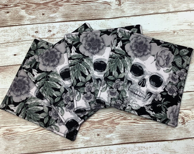 Skulls day of the dead fabric coasters, Set of 4, Gothic roses, Handmade