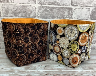 Clocks fabric basket, Steampunk storage bin, Home storage, Handmade