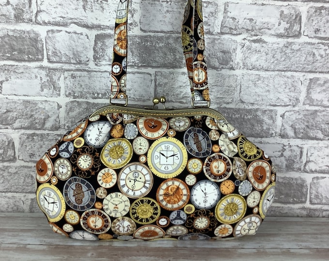 Clocks large frame handbag, Steampunk purse, Frame bag, Handmade