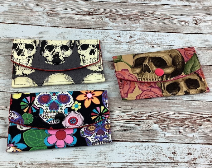 Gothic skulls card case, Business card wallet, Pass holder, Handmade