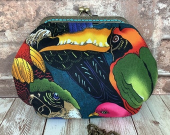 Toucans small frame clutch bag, Birds handbag, Optional chain, Handmade