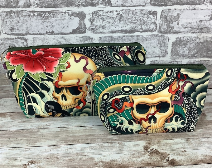 Gothic skulls and snakes zip case, flat bottomed, 2 size options, Handmade
