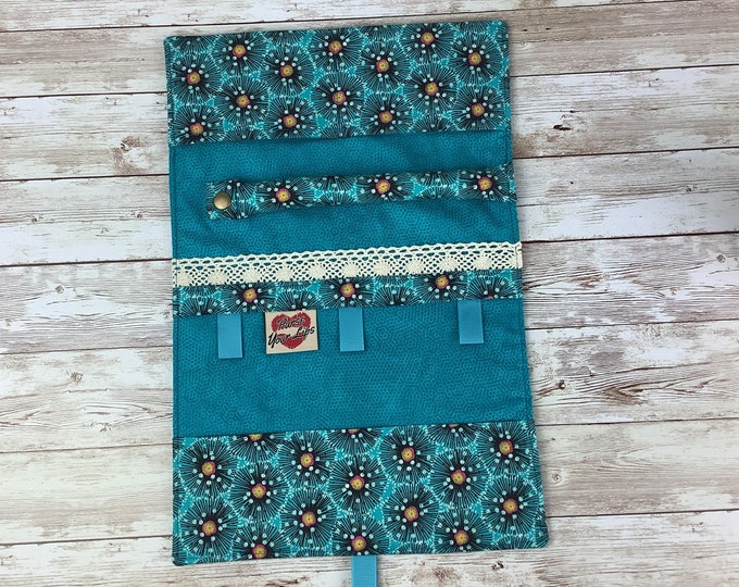 Floral jewellery roll, Turquoise jewelry wrap, Poppies fabric pouch, Travel organiser, Handmade