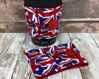 Union Jack fabric cup cozy, Union flags cup cosy, Reusable drinks sleeve, Handmade