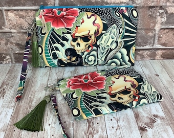 Oriental skulls zip clutch bag, Gothic wristlet zip purse, With detachable wrist strap, Silky tassel and charm, 2 size options, Handmade