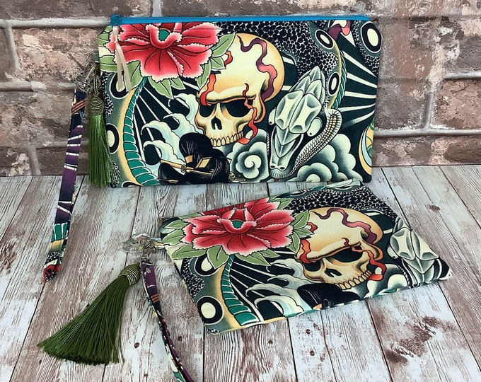 Oriental skulls zip clutch bag, Gothic wristlet zip purse, With detachable wrist strap, Silky tassel and charm, 2 size options, Handmade