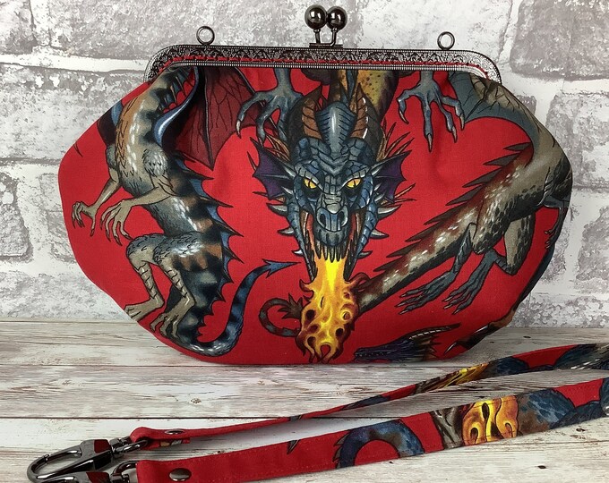 Dragons medium frame clutch bag, Gothic clutch purse handbag, Shoulder bag, Detachable strap, Tail of the dragon, Handmade