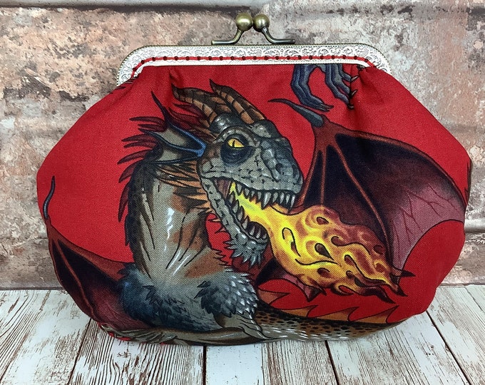 Dragons small frame clutch bag, Gothic handbag, Tail of the dragon makeup purse, Optional chain, Alexander Henry, Handmade