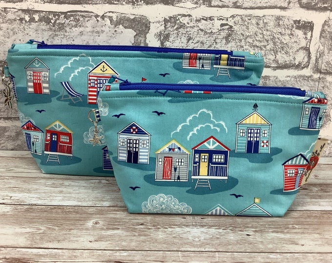 Beach huts zip case, Seaside zipper pouch, Flat bottomed fabric pouch, 2 size options, Handmade