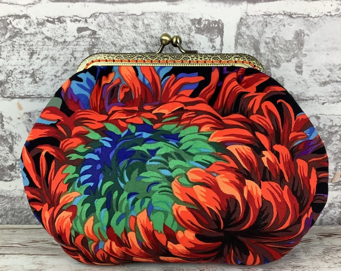 Floral small frame clutch bag, Chrysanthemum handbag, Optional chain, Handmade