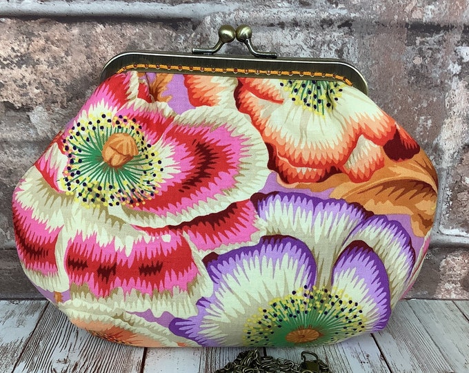 Poppies small frame clutch bag, Floral handbag, Flowers makeup purse, Optional chain, Handmade