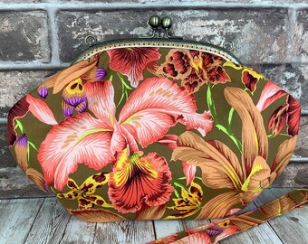 Orchids medium frame clutch bag, Floral clutch purse, Tropical frame handbag, Shoulder bag, Detachable strap, Handmade