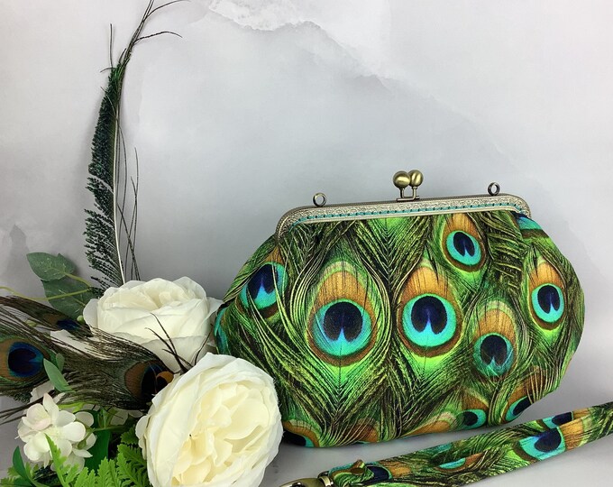 Peacock feathers medium frame clutch bag, Peacock clutch purse, Birds frame handbag, Feathers shoulder bag, Detachable strap, Handmade