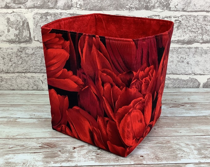 Tulips fabric basket, Floral storage bin, Handmade