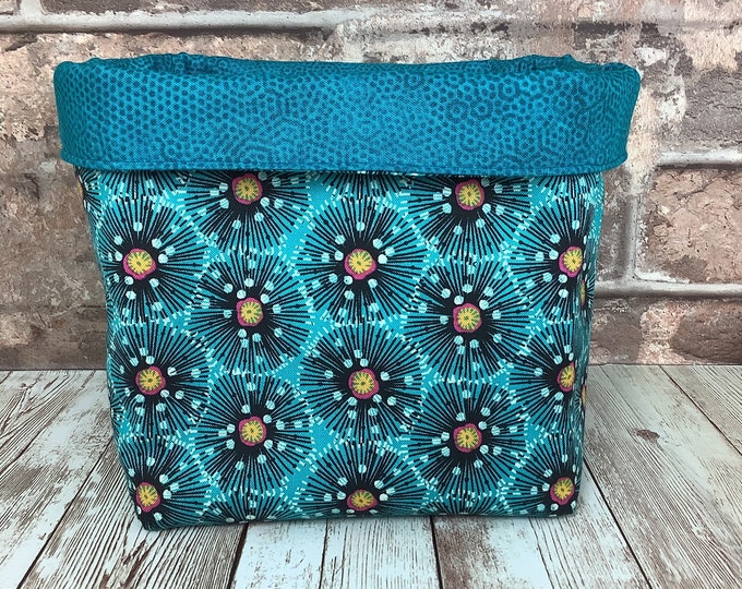 Turquoise poppies fabric basket, Floral storage bin, Home storage, Handmade