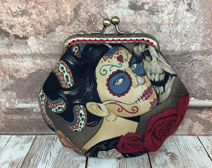 Gothic frame coin purse, Day of the Dead purse, Nocturna change kiss lock, Optional chain, Alexander Henry, Handmade