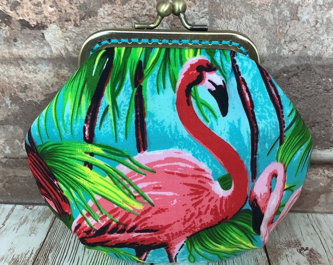Flamingo frame coin purse, Birds fabric coin purse, Tropical kiss lock wallet, Optional chain, Handmade