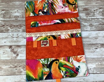 Tropical birds jewellery roll, Toucans jewelry wrap, Jungle pouch, Travel organiser, Handmade