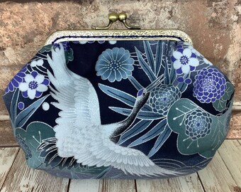 Oriental cranes small frame clutch bag, Birds handbag, Makeup purse, Optional chain, Handmade