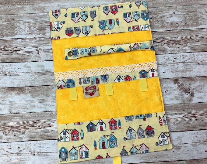 Beach huts jewellery roll, Seaside jewelry wrap, Fabric pouch, Travel organiser, Handmade