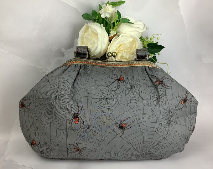 Spiders web large handbag, Gothic kiss lock frame bag, Handmade