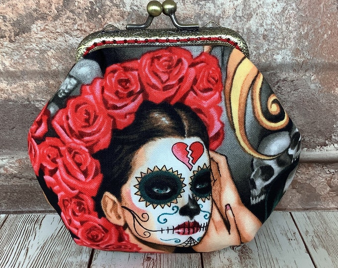 Day of the dead frame coin purse, Optional chain, Handmade