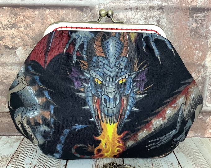 Dragons small frame clutch bag, Gothic handbag, Tail of the dragon makeup purse, Optional chain, Alexander Henry, Handmade