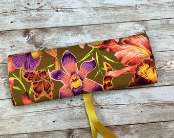 Orchids jewellery roll, Floral jewelry wrap, Jewellery travel organiser, Handmade