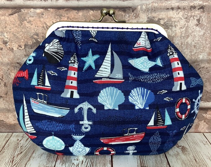 Sailing small frame clutch bag, Seaside handbag, Nautical makeup purse, Optional chain, Handmade